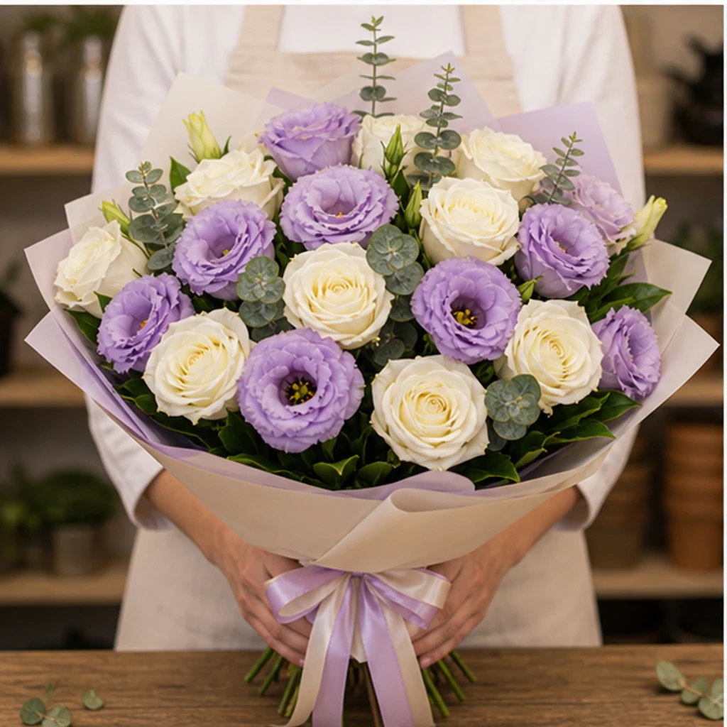 Buchet Lisianthus elegant lila cu trandafiri albi - poza 3