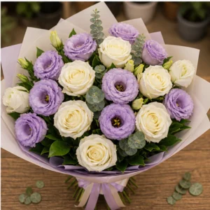 Buchet Lisianthus elegant lila cu trandafiri albi - poza 4