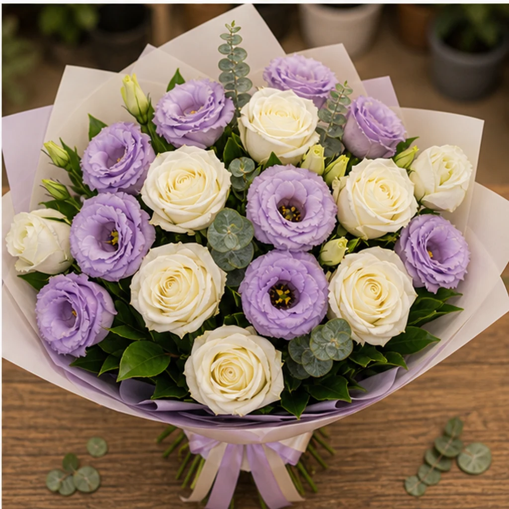 Buchet Lisianthus elegant lila cu trandafiri albi - poza 4