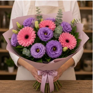 Buchet Lisianthus mov cu gerbera roz - poza 3