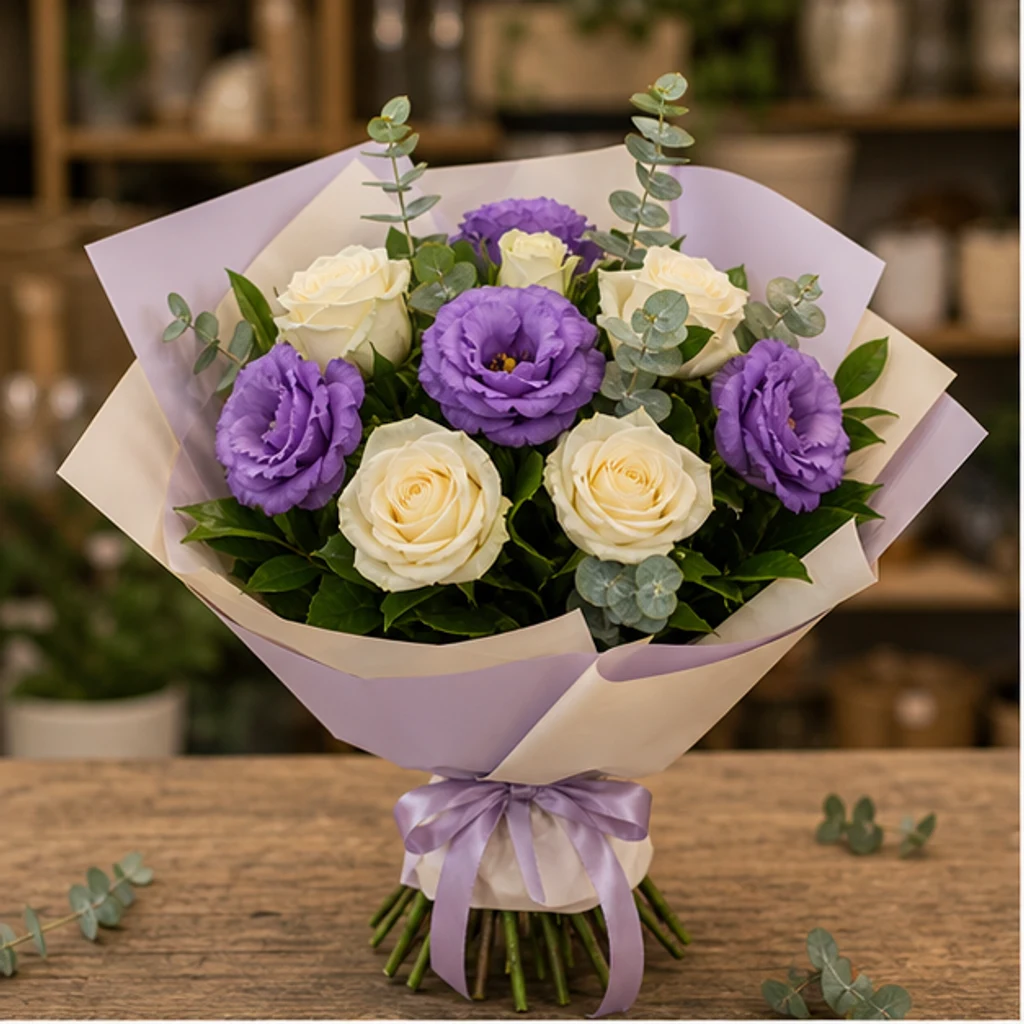 Buchet Lisianthus mov si trandafiri crem - poza 1