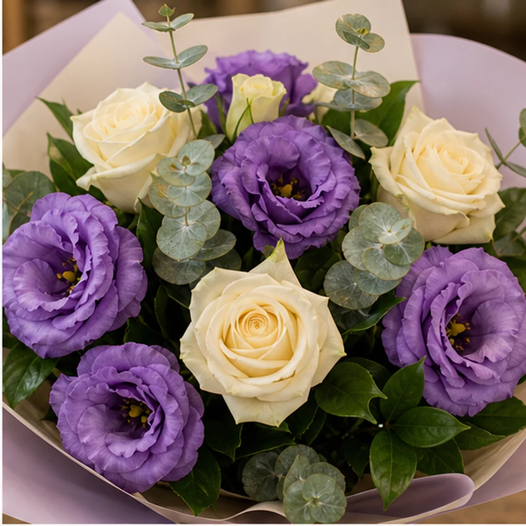 Buchet Lisianthus mov si trandafiri crem - poza 2