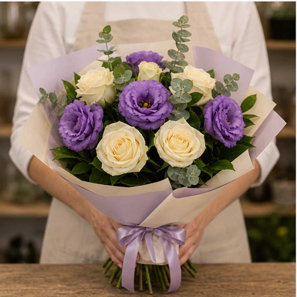 Buchet Lisianthus mov si trandafiri crem - poza 3