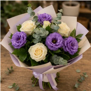 Buchet Lisianthus mov si trandafiri crem - poza 4