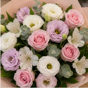 Buchet Lisianthus pastel cu trandafiri si alstroemeria - poza 2