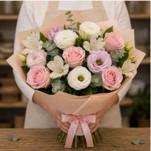Buchet Lisianthus pastel cu trandafiri si alstroemeria - poza 3