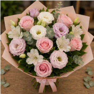 Buchet Lisianthus pastel cu trandafiri si alstroemeria - poza 4