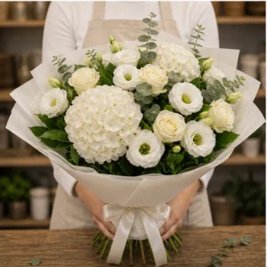 Buchet Lisianthus premium alb cu hortensie - poza 3
