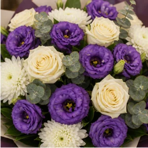 Buchet Lisianthus royal mov cu trandafiri si crizanteme - poza 2
