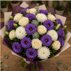 Buchet Lisianthus royal mov cu trandafiri si crizanteme - poza 4