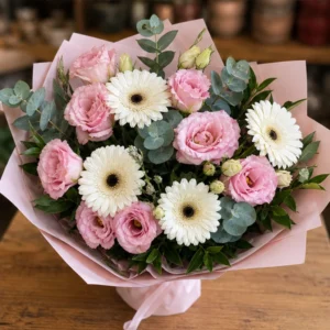 Buchet Lisianthus roz cu gerbera alba - poza 4