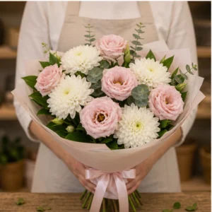 Buchet Lisianthus roz pal si crizanteme albe - poza 3
