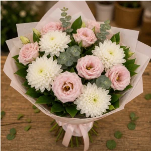 Buchet Lisianthus roz pal si crizanteme albe - poza 4