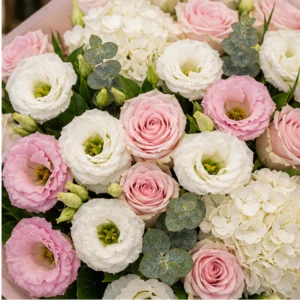 Buchet Lisianthus spectaculos alb roz cu hortensie si trandafiri - poza 2