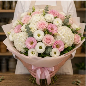Buchet Lisianthus spectaculos alb roz cu hortensie si trandafiri - poza 3