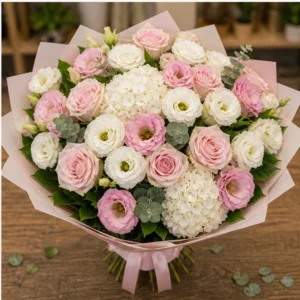 Buchet Lisianthus spectaculos alb roz cu hortensie si trandafiri - poza 4