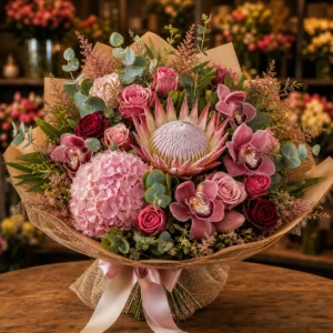 Buchet luxury majorat 18 ani cu protea si orhidee - poza 2