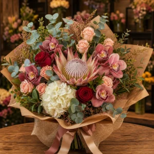 Buchet luxury majorat 18 ani cu protea si orhidee - poza 3