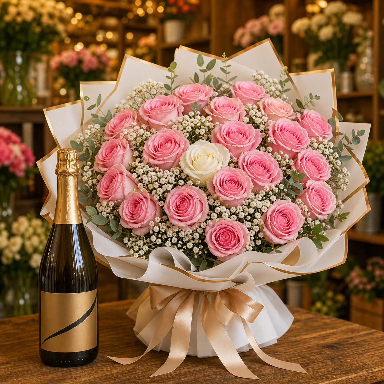 Buchet majorat 18 ani cu prosecco si trandafiri - poza 1
