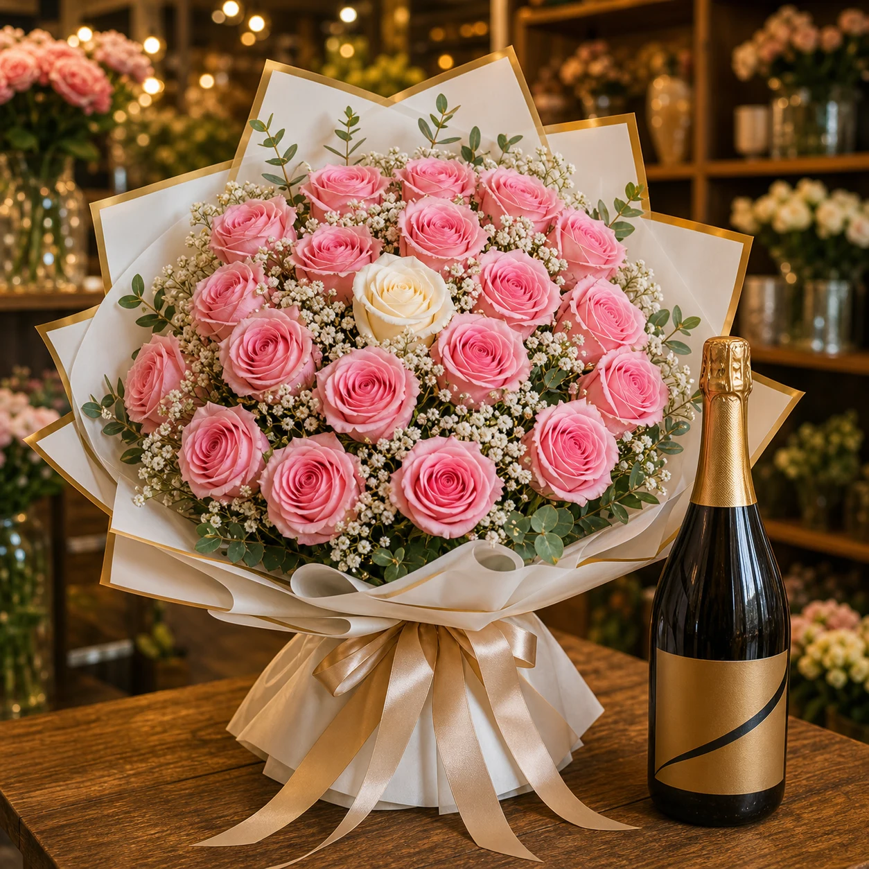 Buchet majorat 18 ani cu prosecco si trandafiri - poza 2