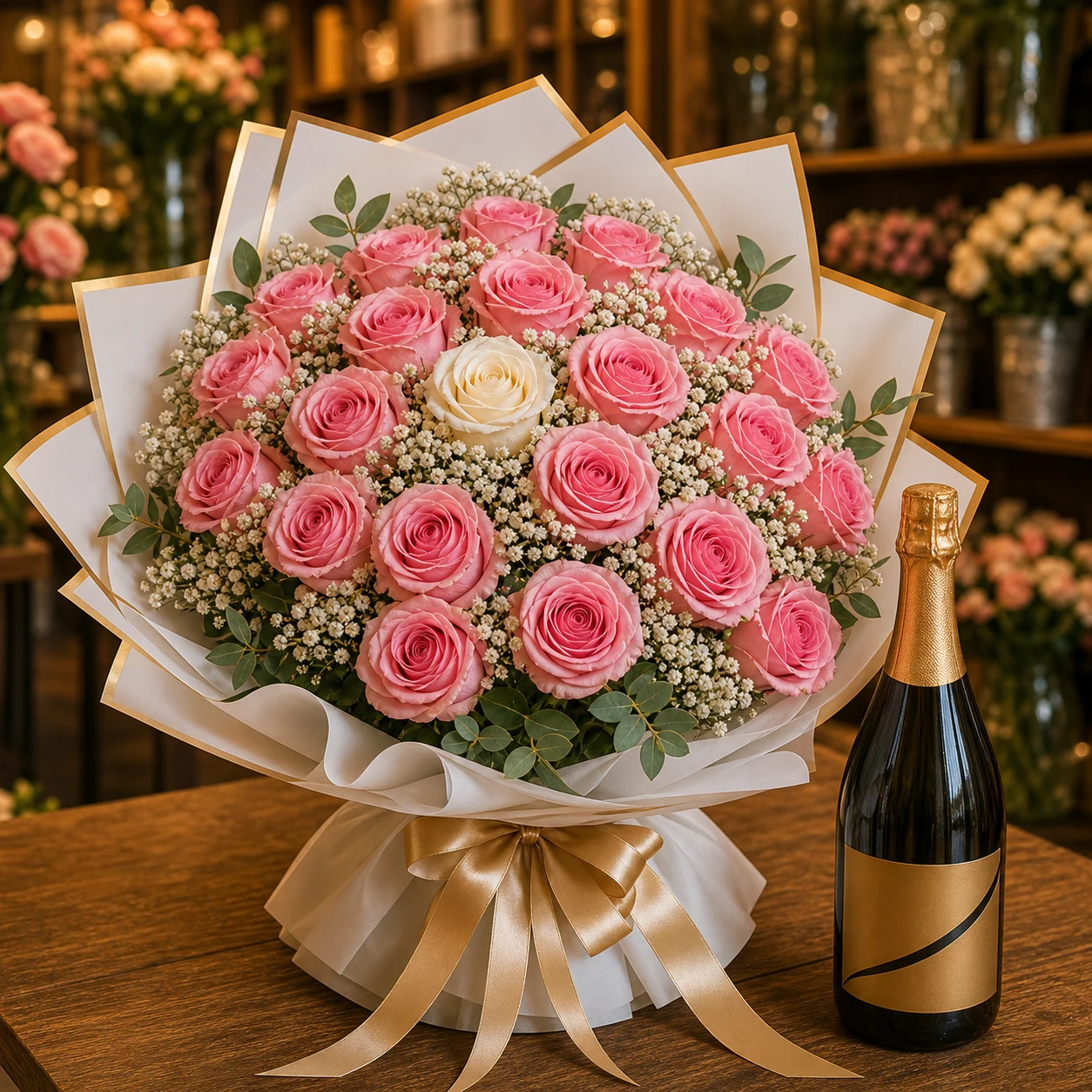 Buchet majorat 18 ani cu prosecco si trandafiri - poza 3