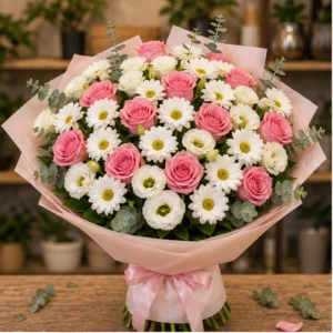 Buchet margarete albe royal cu trandafiri roz - poza 1