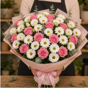 Buchet margarete albe royal cu trandafiri roz - poza 2