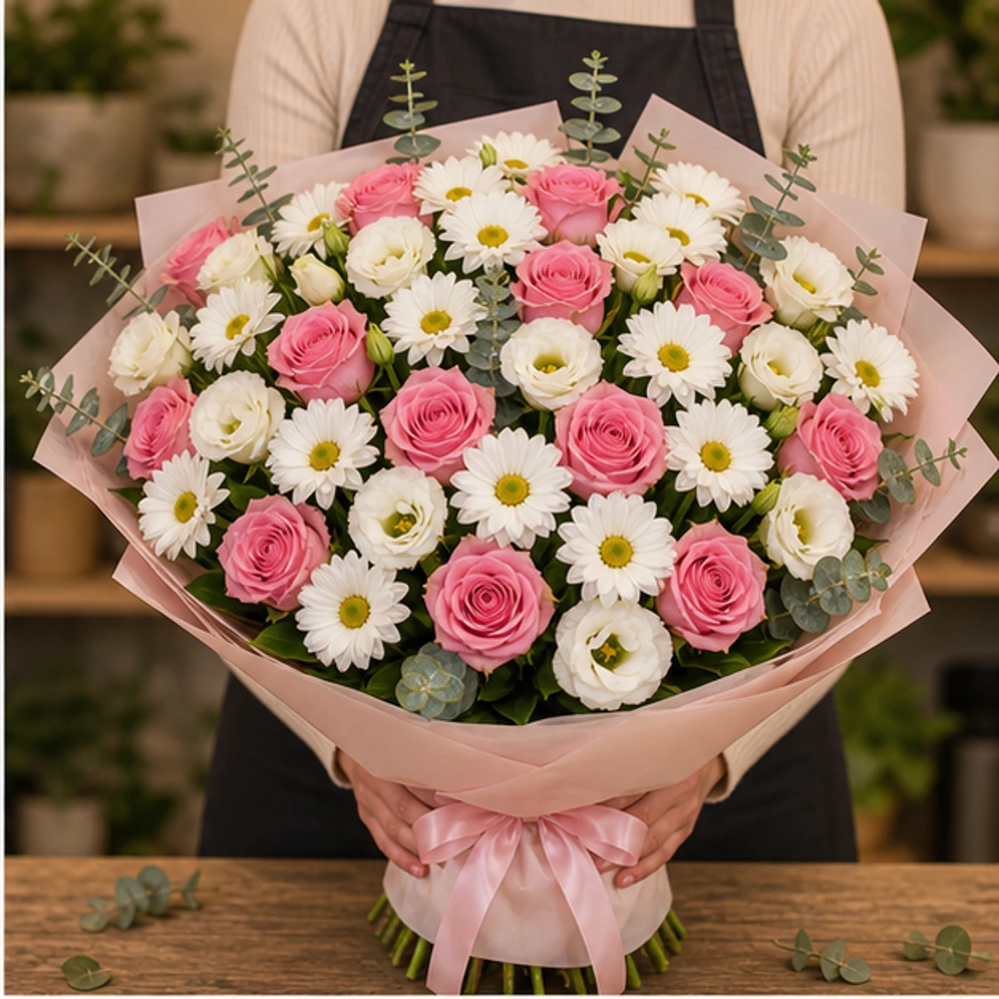 Buchet margarete albe royal cu trandafiri roz - poza 2
