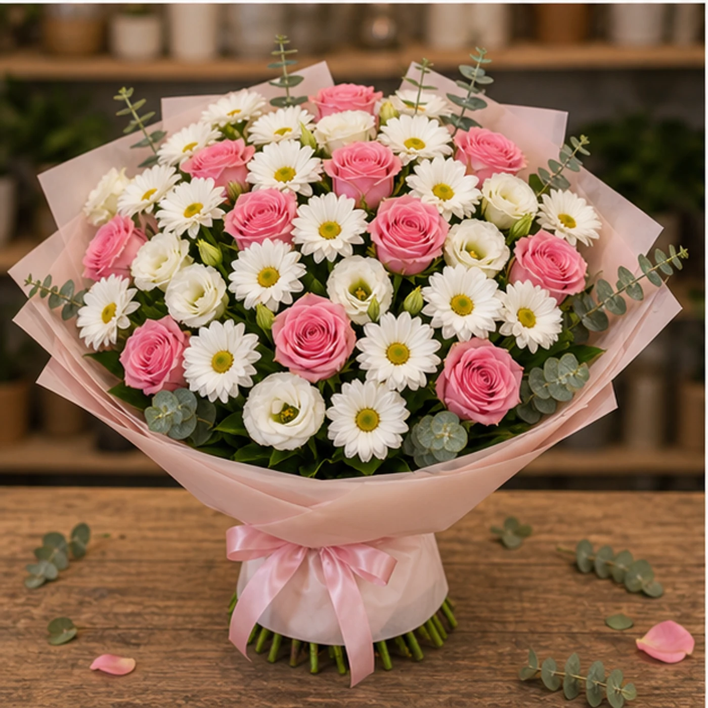 Buchet margarete albe royal cu trandafiri roz - poza 3