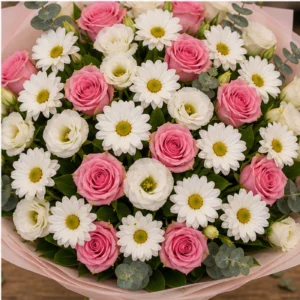 Buchet margarete albe royal cu trandafiri roz - poza 4