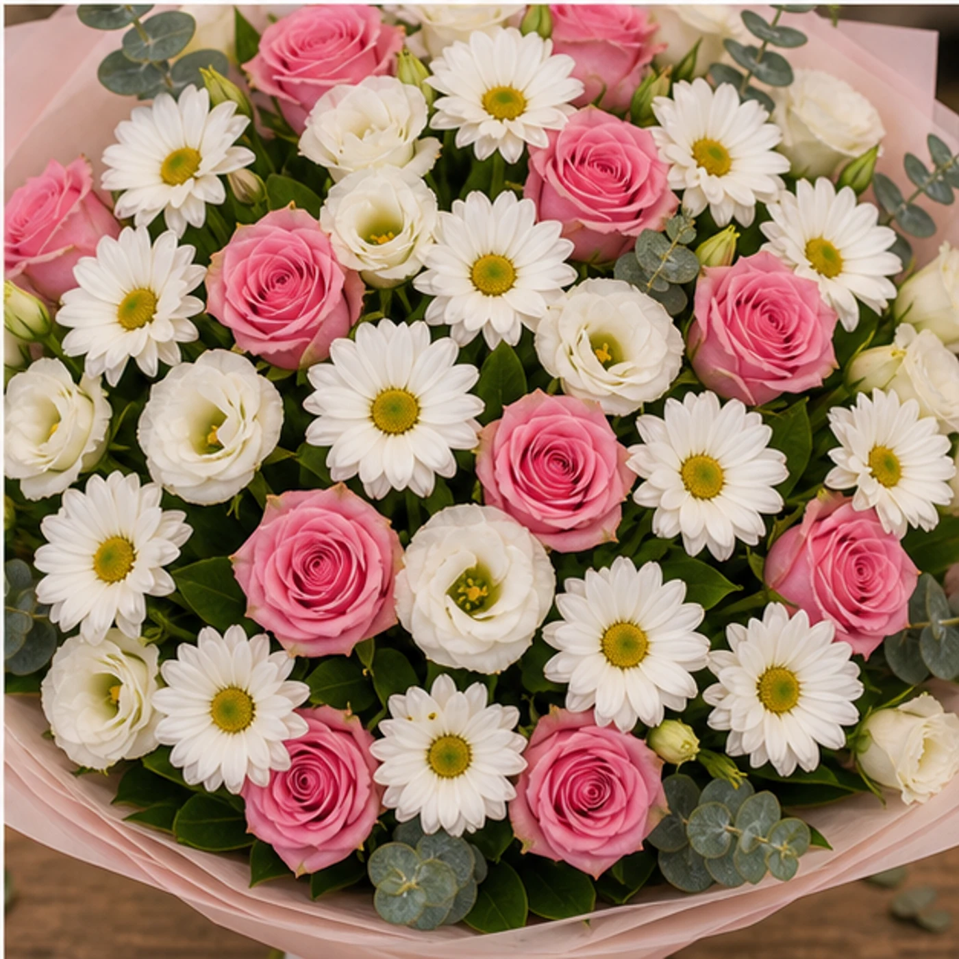 Buchet margarete albe royal cu trandafiri roz - poza 4