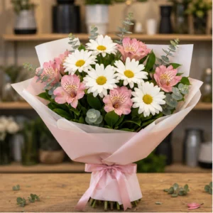 Buchet margarete albe si alstroemeria roz - poza 1