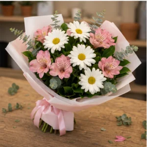 Buchet margarete albe si alstroemeria roz - poza 3