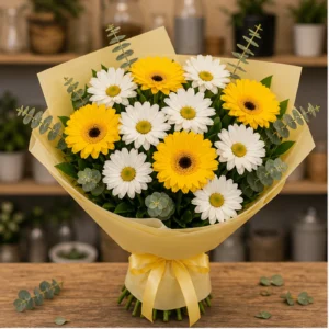 Buchet margarete albe si gerbera galbena - poza 1