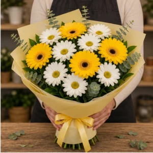 Buchet margarete albe si gerbera galbena - poza 2
