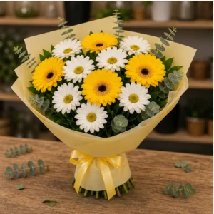 Buchet margarete albe si gerbera galbena - poza 3
