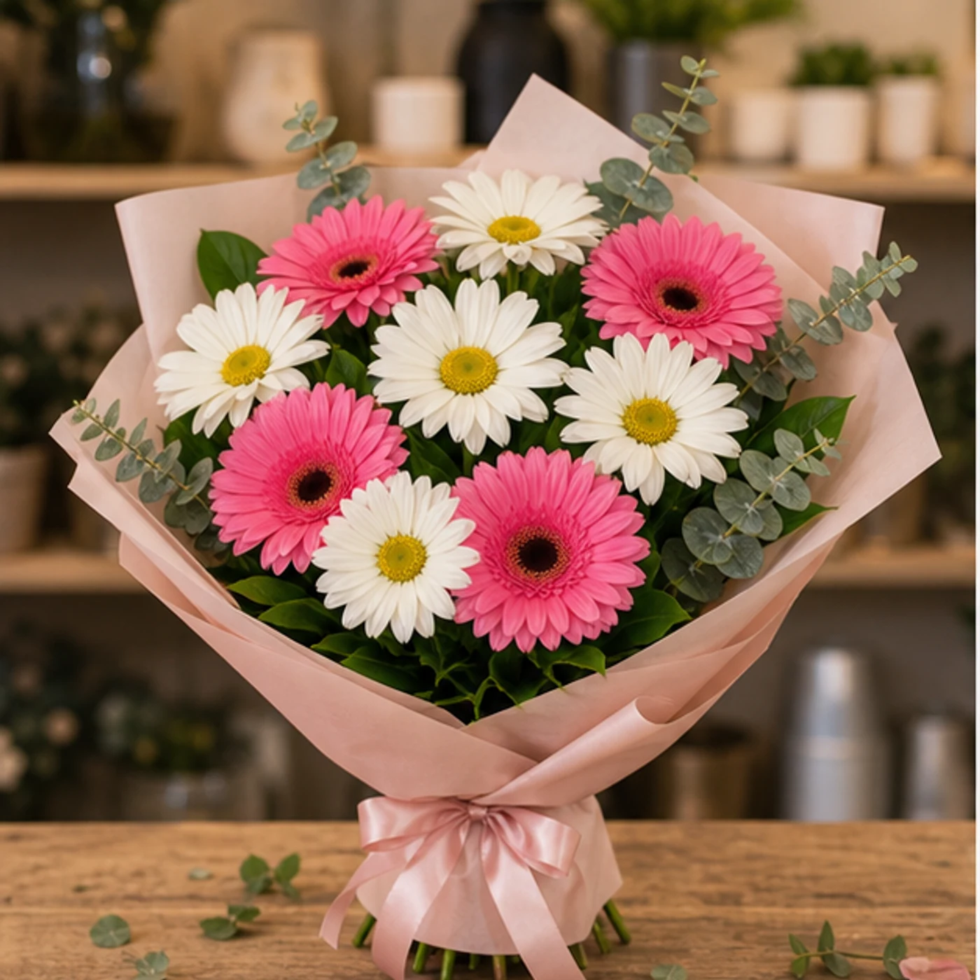Buchet margarete albe si gerbera roz - poza 1