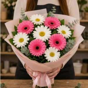 Buchet margarete albe si gerbera roz - poza 2