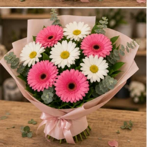 Buchet margarete albe si gerbera roz - poza 3
