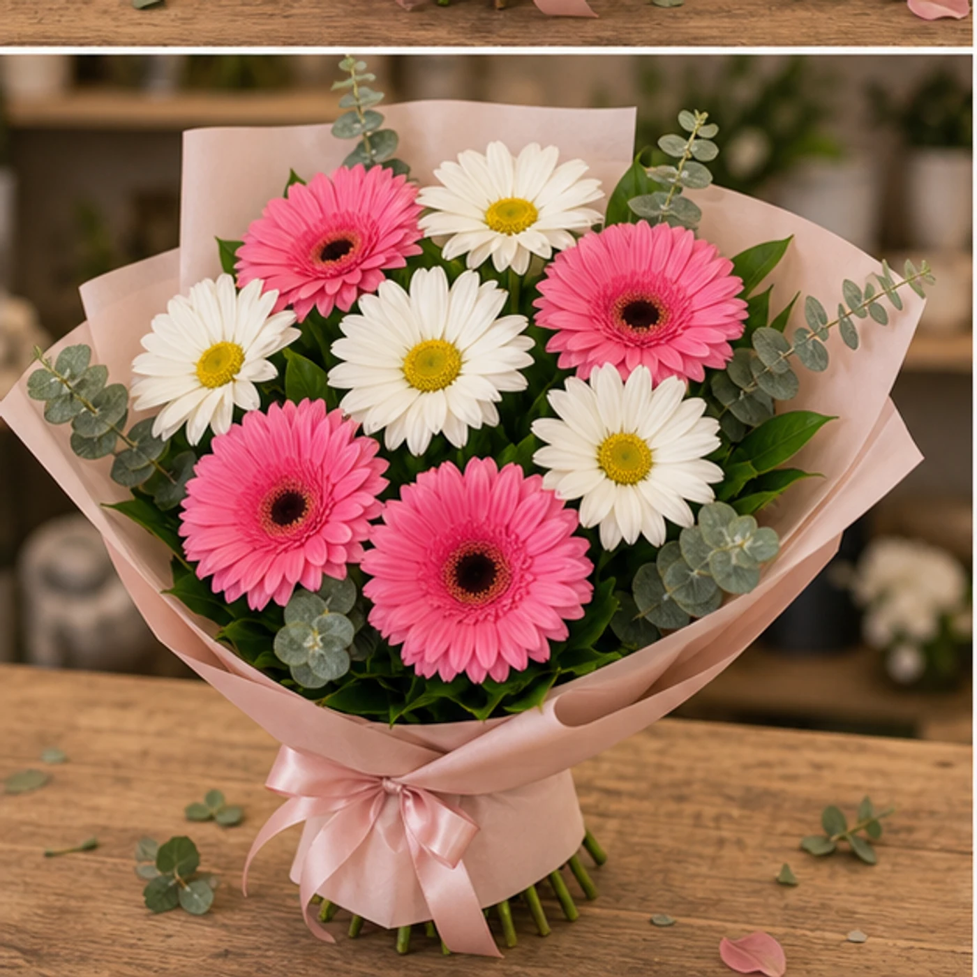 Buchet margarete albe si gerbera roz - poza 3