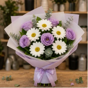 Buchet margarete albe si lisianthus lila - poza 1