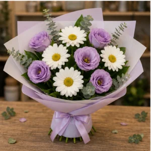 Buchet margarete albe si lisianthus lila - poza 3
