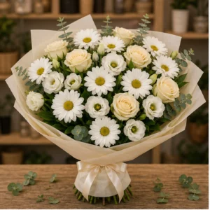 Buchet margarete albe si trandafiri crem - poza 1