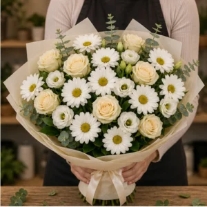 Buchet margarete albe si trandafiri crem - poza 2