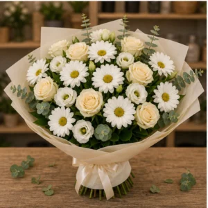 Buchet margarete albe si trandafiri crem - poza 3