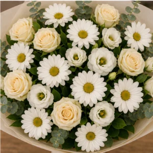 Buchet margarete albe si trandafiri crem - poza 4