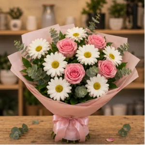 Buchet margarete albe si trandafiri roz - poza 1