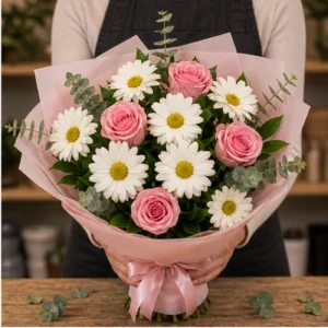 Buchet margarete albe si trandafiri roz - poza 2