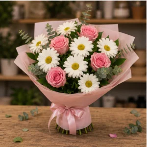 Buchet margarete albe si trandafiri roz - poza 3