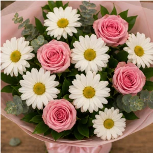 Buchet margarete albe si trandafiri roz - poza 4